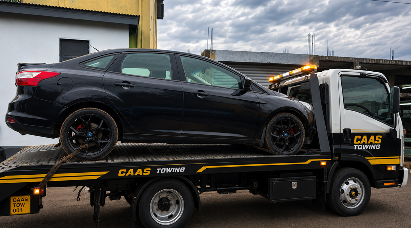 CAAS flatbed tow truck carrying a car
